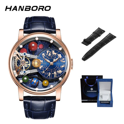 Montre mécanique automatique pour homme, modèle « Ciel étoilé » : design squelette, style constellation, boîtier en acier inoxydable, affichage en relief, fonction luminescente et étanchéité.