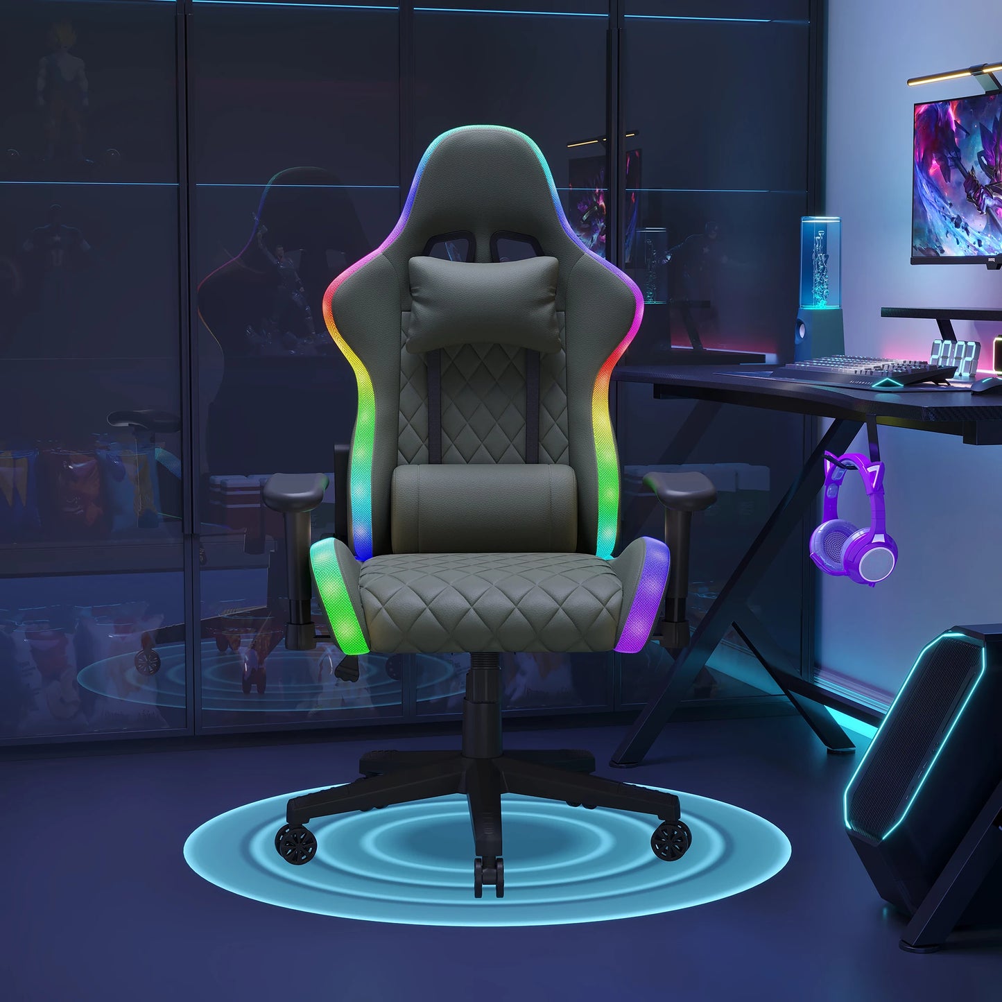 Gaming Chair,Ergonomic Gaming Chair with LED,Adjustable Computer Chair for Teenagers,Lumbar Cushion,Gamer Chair,Black