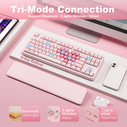 YUNZII B87 Pink Mechanical Gaming Keyboard, QMK/VIA Custom Gasket RGB Keyboard, Wireless Aesthetic Keeb, Wrist Rest for Win/Mac