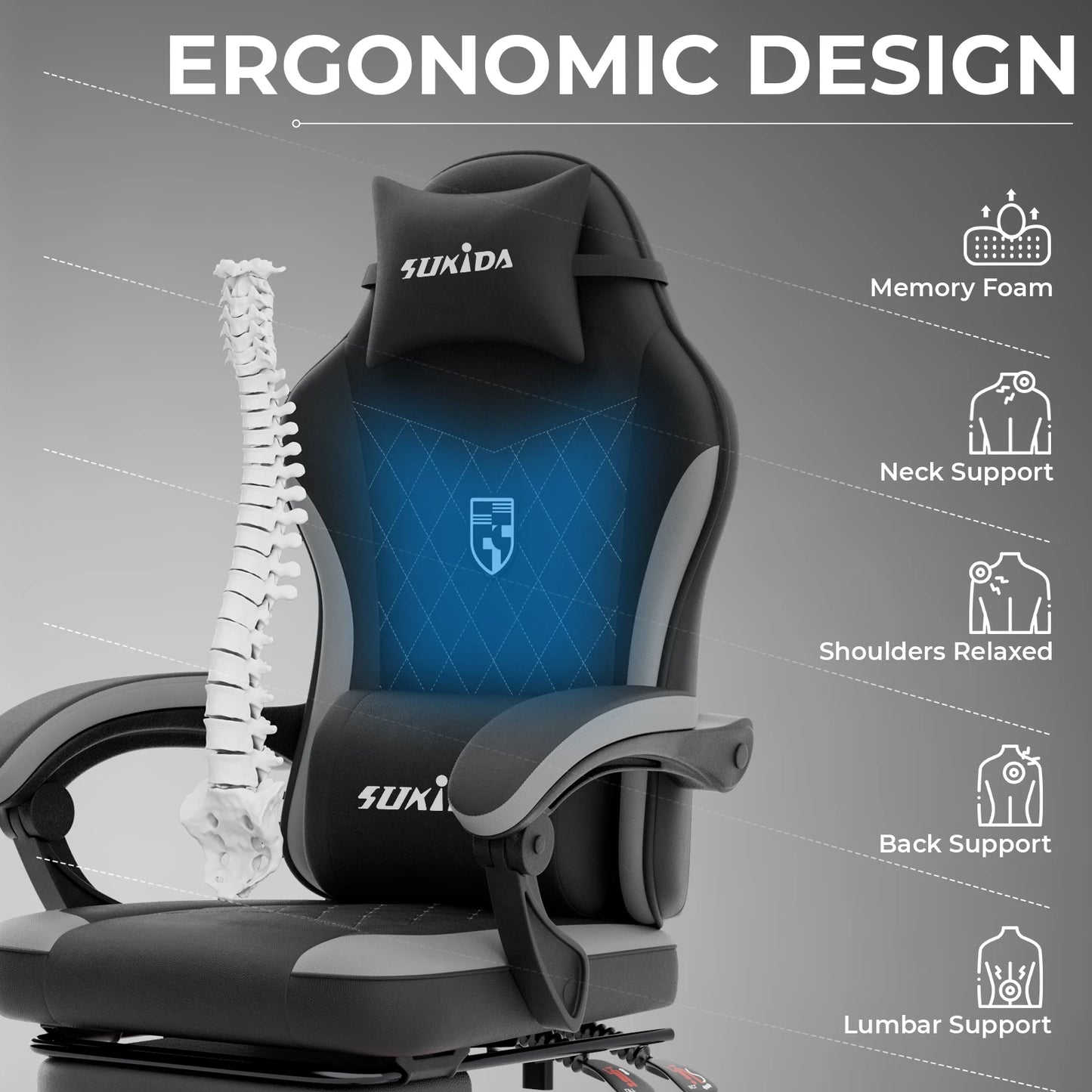 SUKIDA Gaming Chair High Back Ergonomic Computer Chair With Footrest Reclining Adult Comfortable Office Chair ﻿
