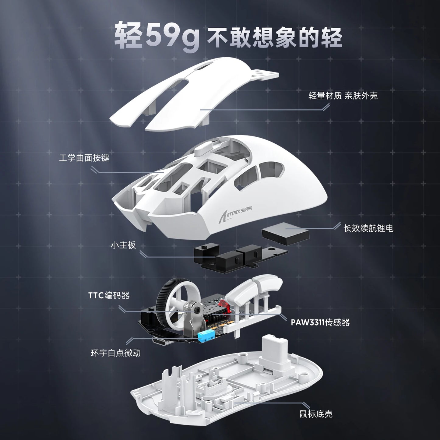 Attack Shark R1 Wireless Gaming Mouse Tri Mode 2.4G Bluetooth Wired 18K DPI 1000Hz PAW3311 Sensor 59g Lightweight Rechargeable
