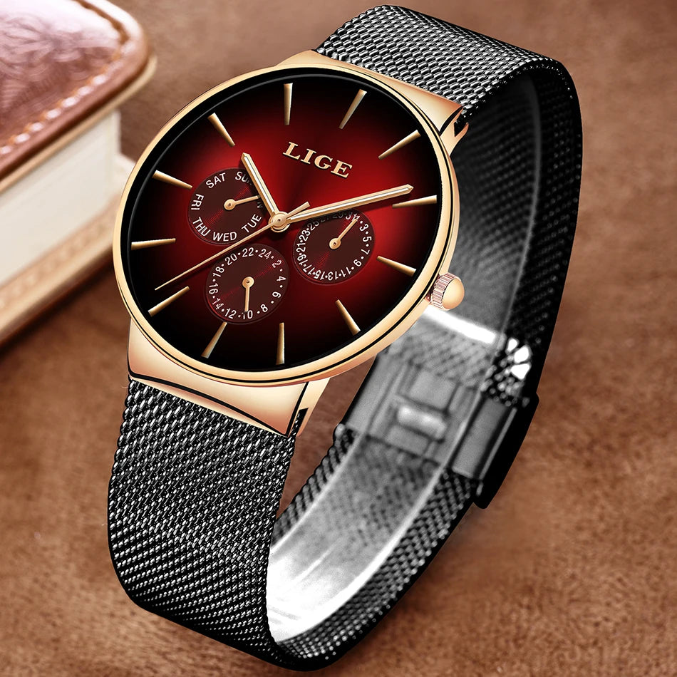 Reloj de mujer LIGE, elegante y a la última: estilo deportivo e informal, correa de malla, mecanismo de cuarzo, indicador de fecha y día, resistente al agua.
