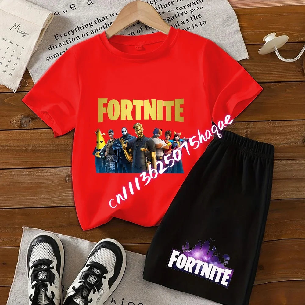 Sommerliches Fortnite-Kinder-Set: T-Shirt und Shorts, 2-teilig, Anime-Design, kurzärmelig, aus Baumwolle, lässige Sportbekleidung, Geschenkidee