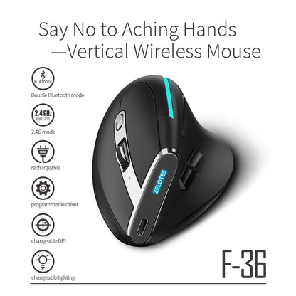 ZELOTES F36 Vertical Wireless Mouse Bluetooth Ergonomic Mice Rechargeable Programmable Gaming Mouse 2.4G 2400DPI for Laptop PC