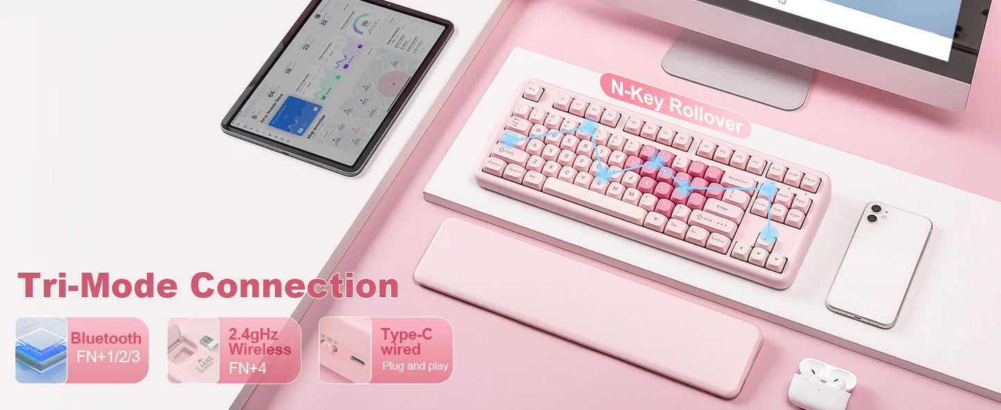 YUNZII B87 Pink Mechanical Gaming Keyboard, QMK/VIA Custom Gasket RGB Keyboard, Wireless Aesthetic Keeb, Wrist Rest for Win/Mac