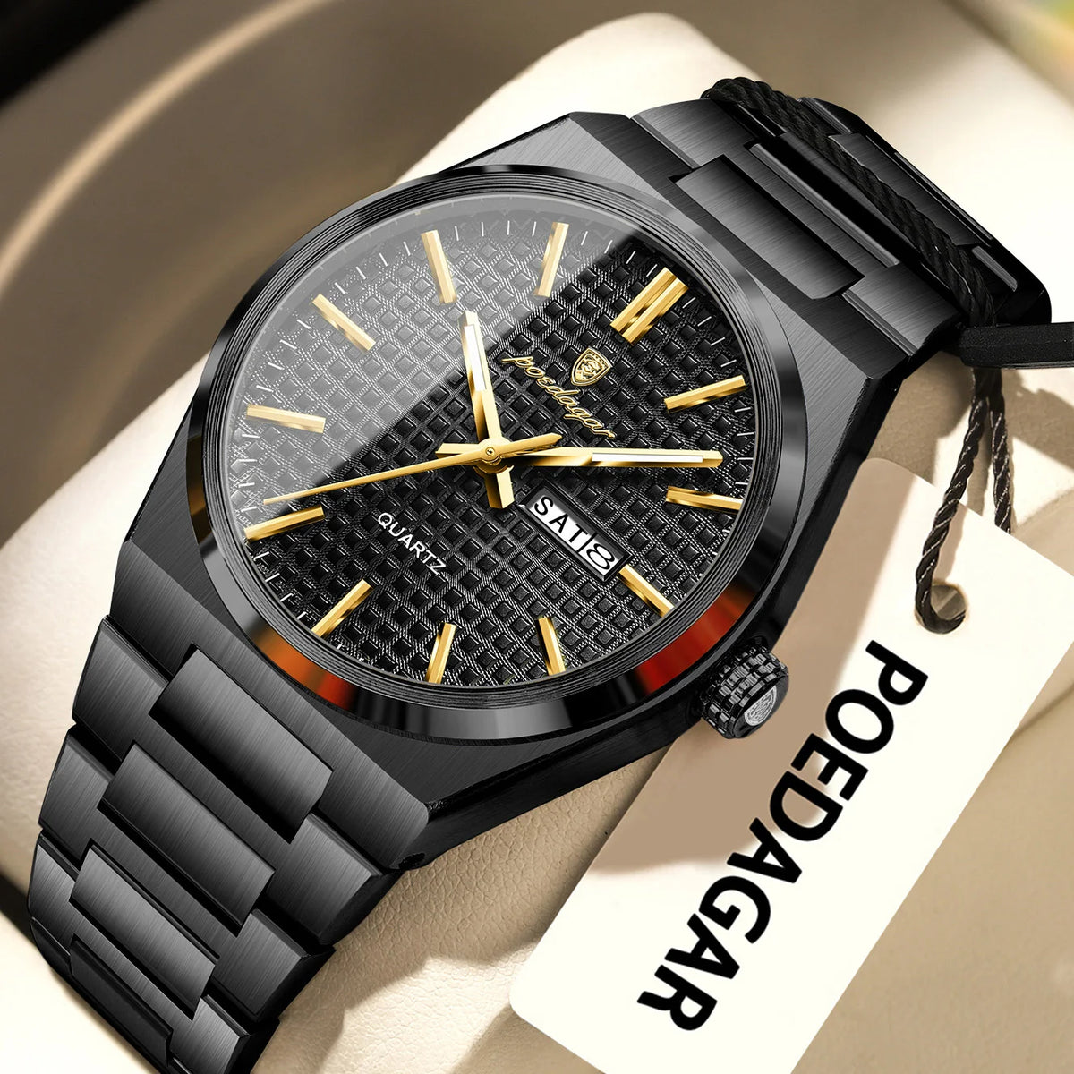 Montre-bracelet de luxe pour homme POEDAGAR, étanche, lumineuse, en acier inoxydable, avec date et jour de la semaine, à quartz, style business.