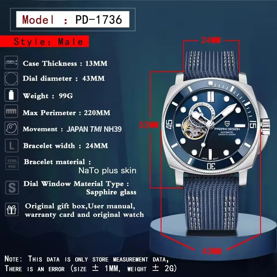 PAGANI DESIGN 2026 Original 43MM Men's Automatic Mechanical Watch NH39 200M Waterproof AR Sapphire Mirror Watches For Men
