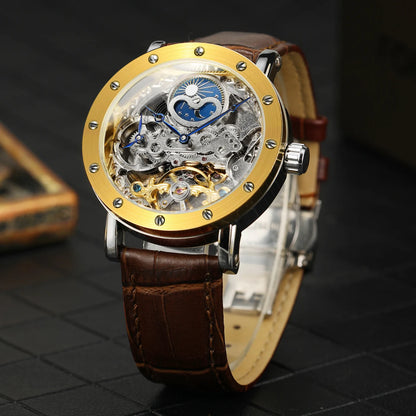 Montre-bracelet mécanique automatique SKROX pour homme, modèle squelette avec fonction GMT, phase de lune et tourbillon – Montre de luxe haut de gamme, élégante et originale.
