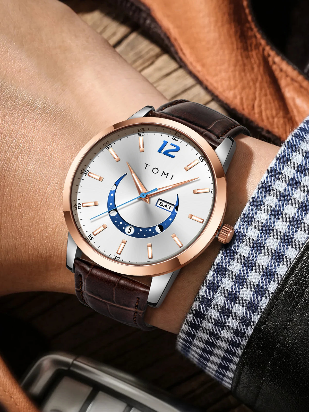 Reloj de cuarzo TOMI, de estilo elegante y profesional, con correa de piel, caja de aleación y esfera con agujas: diseño de alta gama, ideal como regalo para hombre.