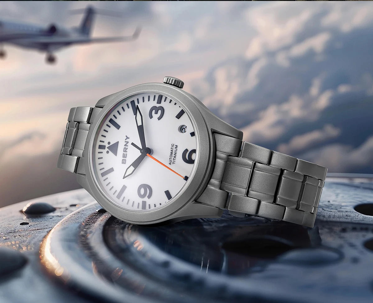 BERNY Aviation Top Titanium Mechanical Men Watch Sapphire AR Coating Supper Luminous 10Bar Sport Watch Titanium Aviation Watches