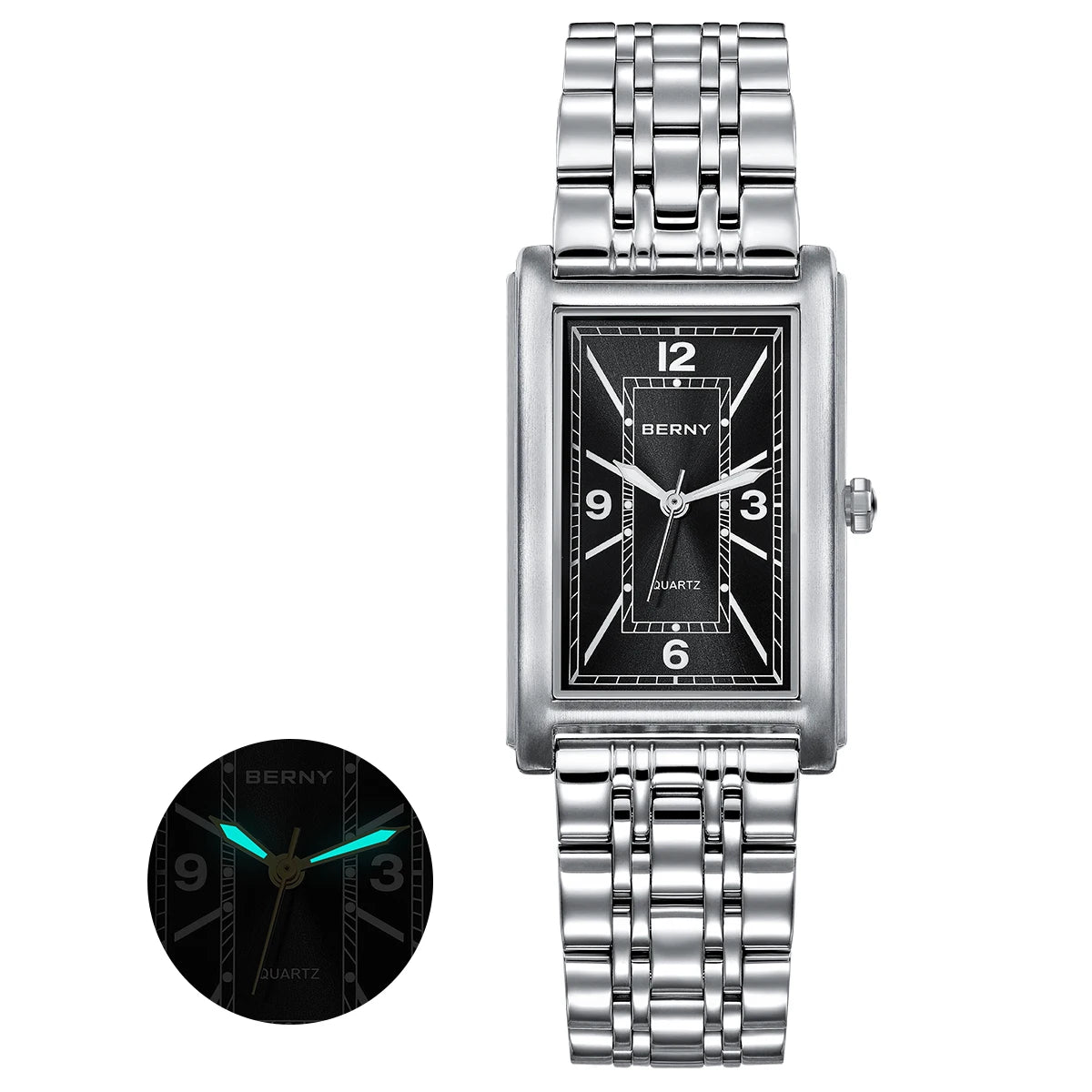 Reloj cuadrado para hombre BERNY – Movimiento de cuarzo, esfera con números romanos, indicación luminiscente, caja de acero inoxidable 316L – Reloj rectangular elegante y desenfadado