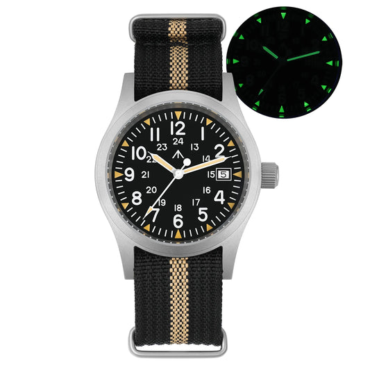 Orologi da campo Militado ML05 con movimento Ronda 515, vetro zaffiro bombato con rivestimento antiriflesso ad alta trasparenza, orologio da polso da 38 mm, orologi vintage