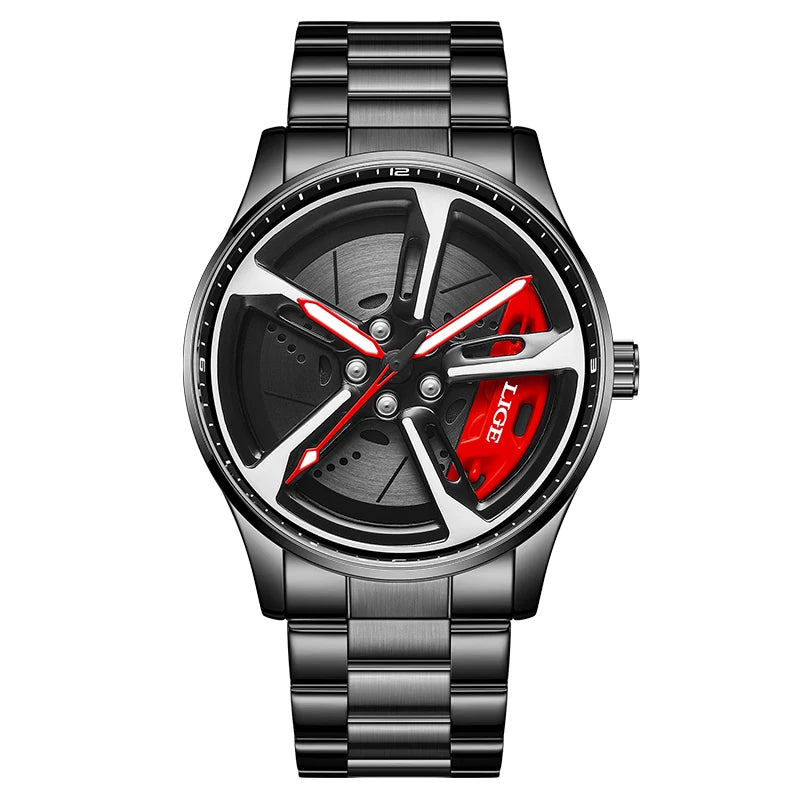 LIGE New Sport 3d Car Wheel Rim Hub Watch Fashionable Rotating Dial Stainless Steel Strap Waterproof Quartz Watches reloj hombre