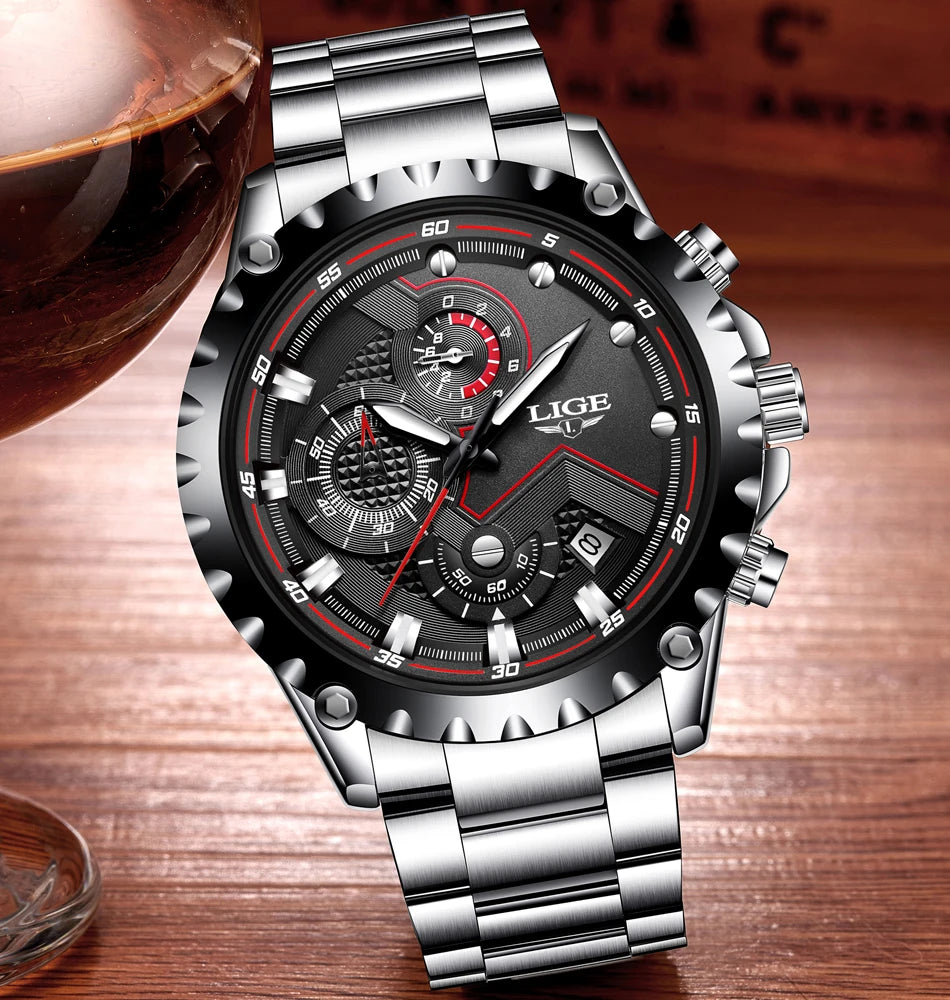 Reloj para hombre LIGE: reloj de cuarzo de última tendencia, marca de lujo, totalmente de acero, estilo profesional, resistente al agua y deportivo. Se entrega con estuche.