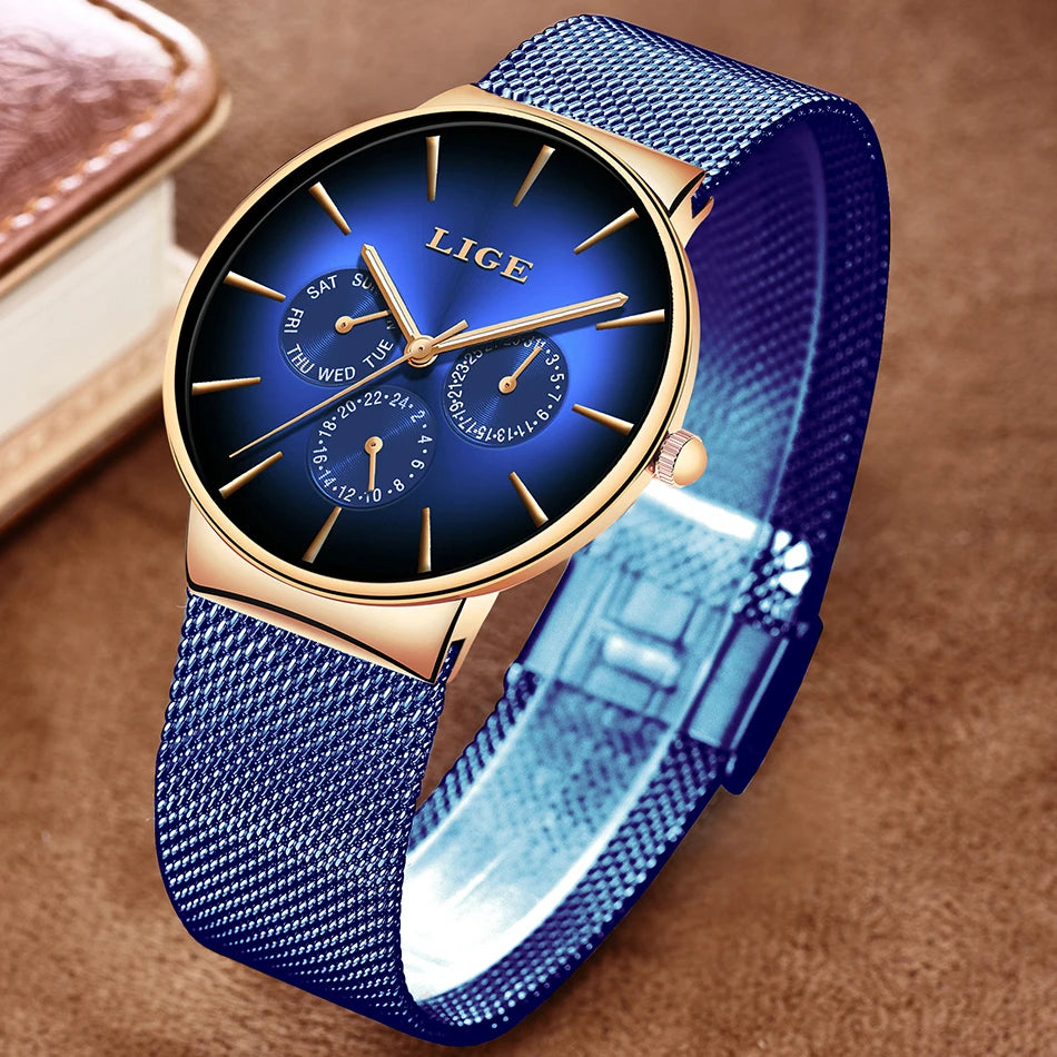 Reloj de mujer LIGE, elegante y a la última: estilo deportivo e informal, correa de malla, mecanismo de cuarzo, indicador de fecha y día, resistente al agua.