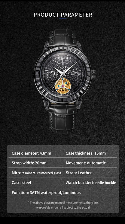 2025 New Haemmer Jacob Diamond Face Tourbillon Mechanical Men's Watch Men's Genuine Leather Glowing Mechanical Watch