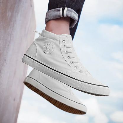 Men's High-Top Canvas Sneakers Slip-On Lace-Up Casual All-Black Basic Skate Shoes for Students Flat Sole Comfortable Sport Shoes