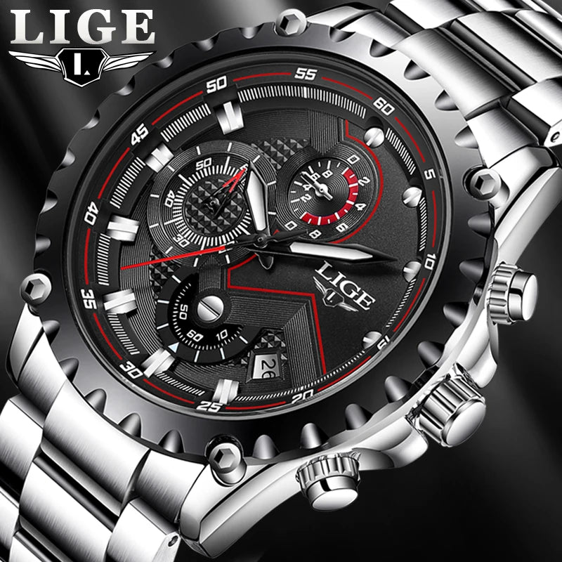 Reloj para hombre LIGE: reloj de cuarzo de última tendencia, marca de lujo, totalmente de acero, estilo profesional, resistente al agua y deportivo. Se entrega con estuche.