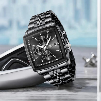 Relojes de lujo para hombre LIGE, modelo cuadrado, estilo clásico y moderno, de acero inoxidable, resistentes al agua, deportivos y desenfadados, con mecanismo de cuarzo.