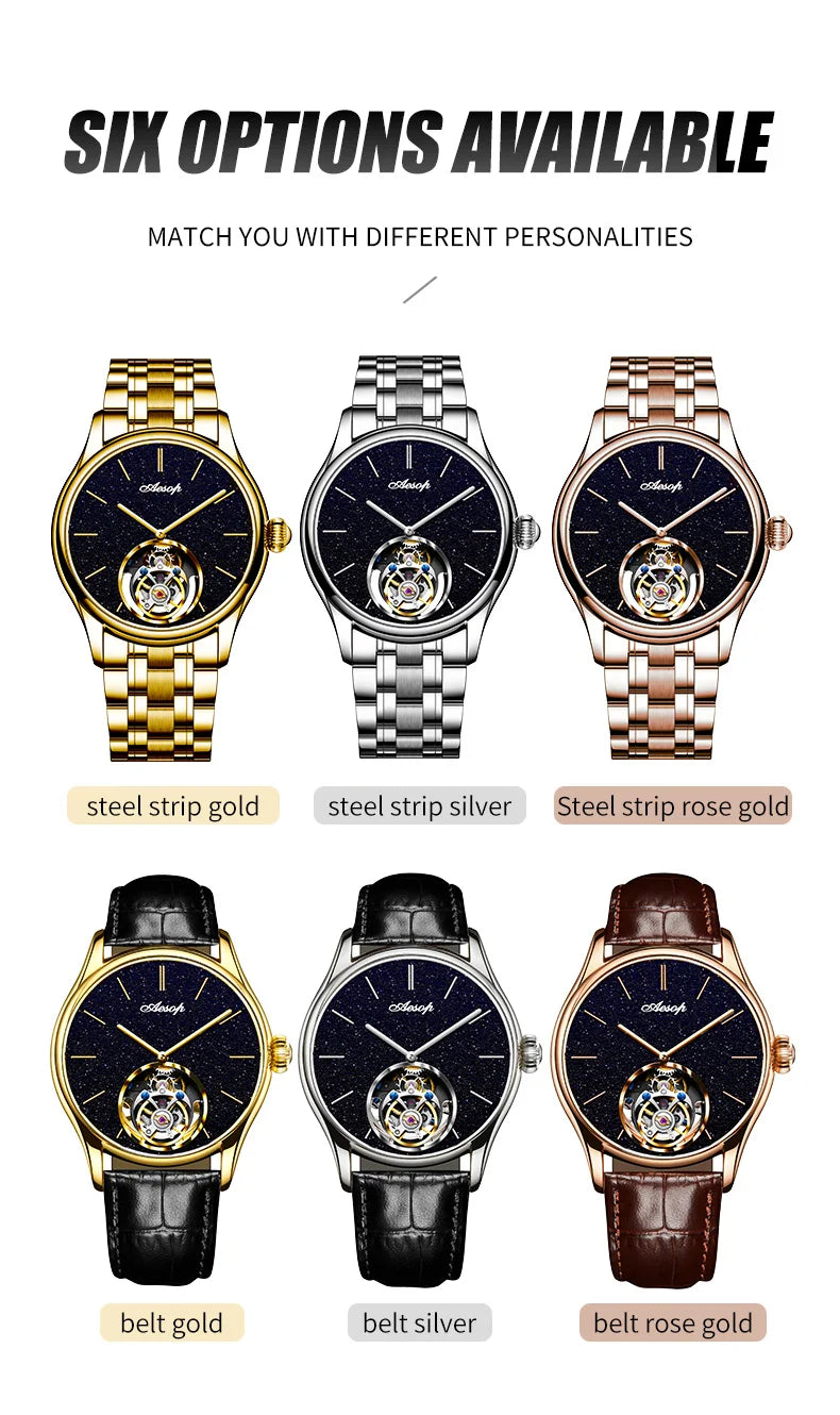 AESOP Mens Mechanical Wristwatches Flying Tourbillon Movement Skeleton Watch for Men Man Luxury Clocks Real Tourbillon Watch