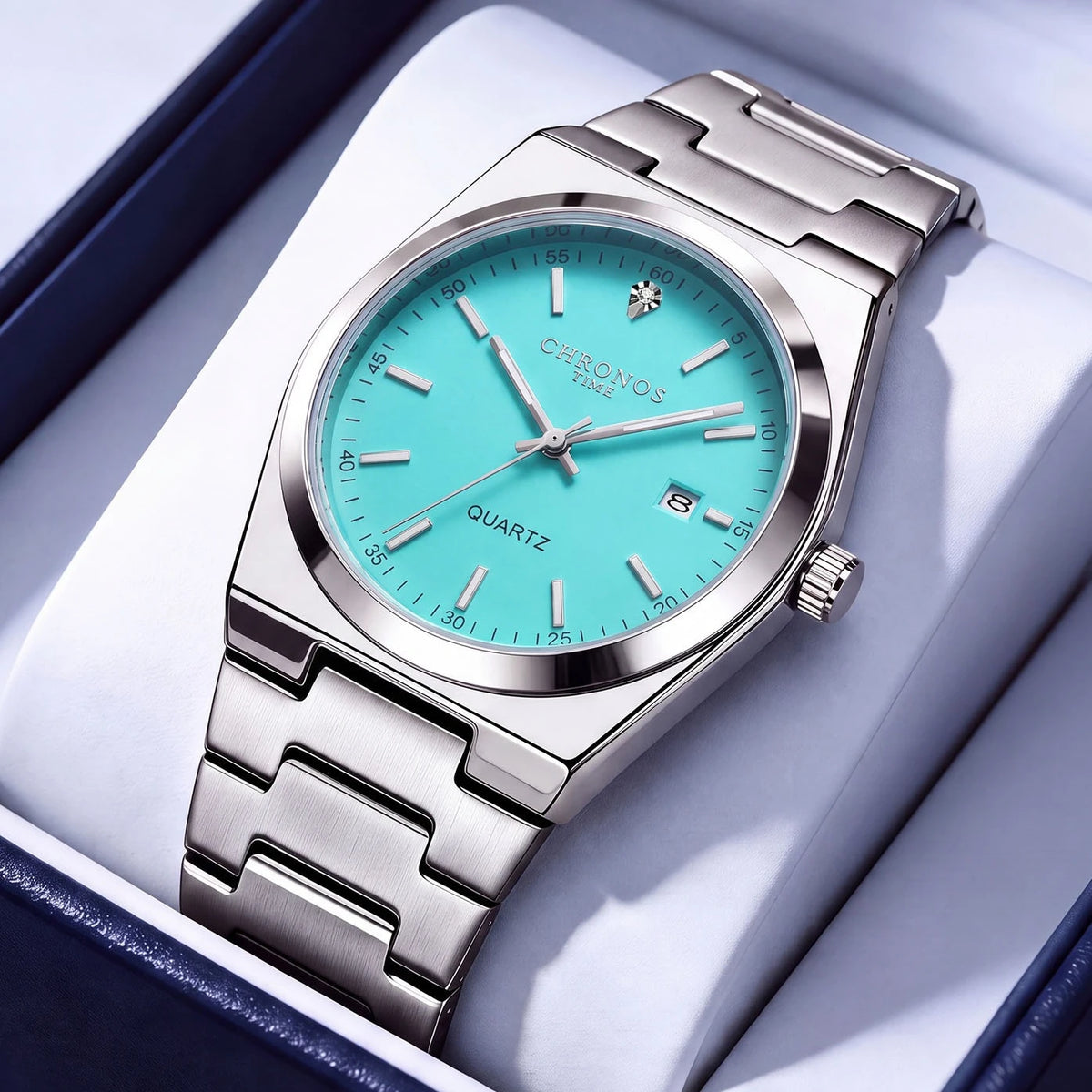 Montre à quartz pour homme CHRONOS – Bracelet en acier inoxydable, étanche, aiguilles luminescentes, affichage de la date – Idéale pour le travail, le sport ou au quotidien