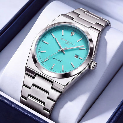 Montre à quartz pour homme CHRONOS – Bracelet en acier inoxydable, étanche, aiguilles luminescentes, affichage de la date – Idéale pour le travail, le sport ou au quotidien
