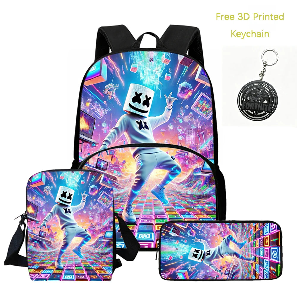 FORTNITE 3Pcs Lightweight Backpack With Front Pocket,Crossbody Bag&Pencil Case For Age 5-9 Boys Girls,Free 3D Printed Keychain.