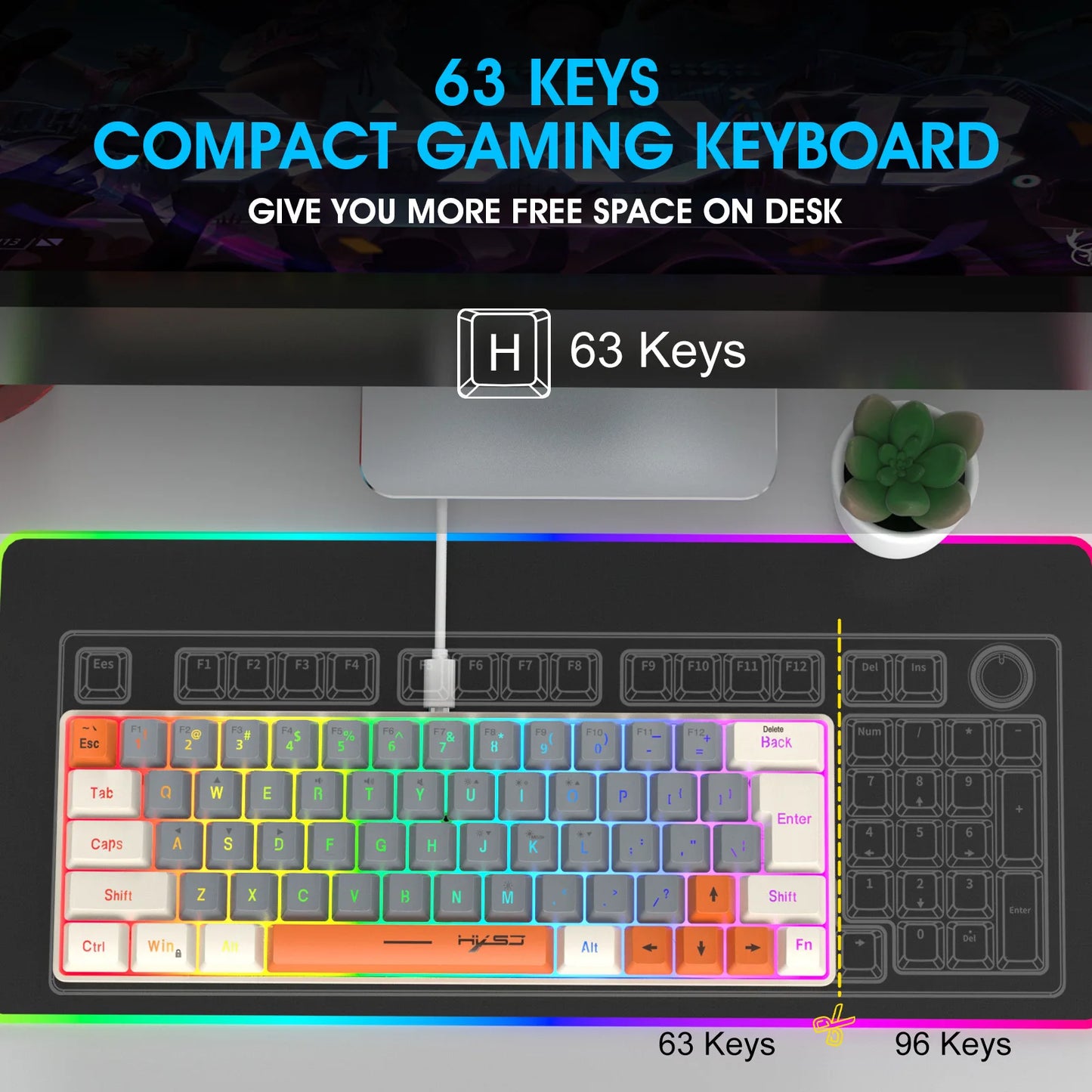 Keyboard RGB USB wired 63 keys gaming gamer compact  mini pc keyboards for trips,office,games business key board (Grey&Orange)