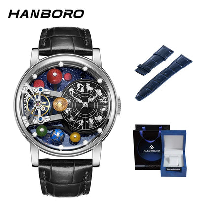 Montre mécanique automatique pour homme, modèle « Ciel étoilé » : design squelette, style constellation, boîtier en acier inoxydable, affichage en relief, fonction luminescente et étanchéité.