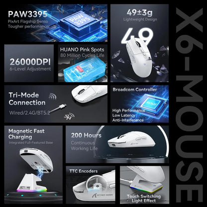 ATTACK SHARK X6 49g SUPERLIGHT Gaming Mouse With Charging Dock, PixArt PAW3395 Gaming Sensor, BT/2.4G Wireless/Wired, 26000 DPI