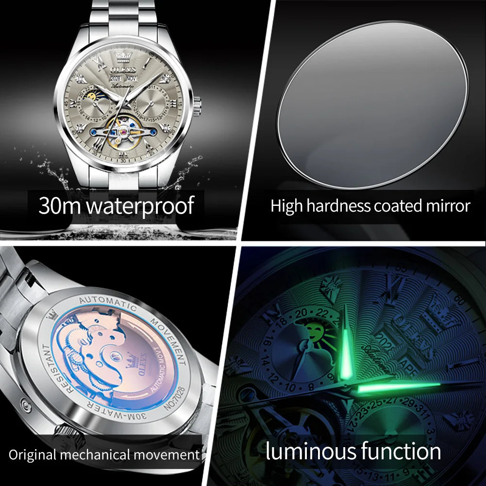 OLEVS 7028 Automatic Mechanical Men's Watch Tourbillon Dial Multifunctional Date Waterproof Luminous Watch for Men