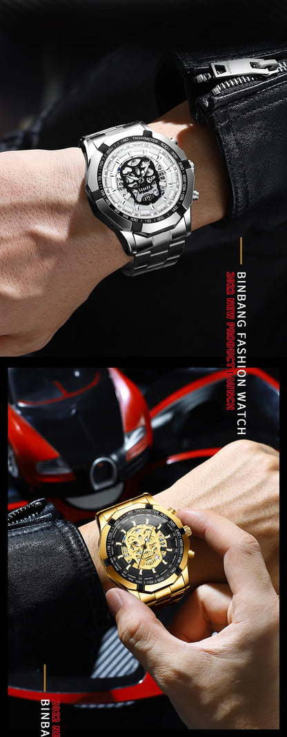 Montre-bracelet BINBOND pour homme, motif crâne squelette, à quartz précis, luxueuse, lumineuse, étanche, avec date automatique, robuste.