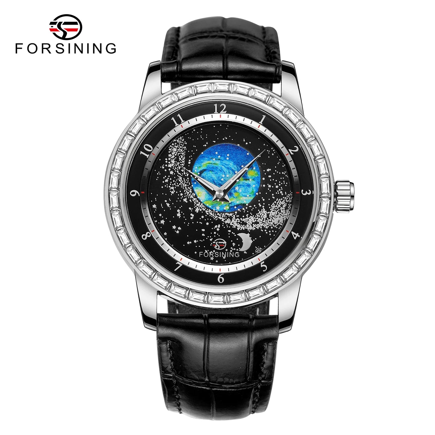 2026 FORSINING Design Earth Star Moon Set With Diamonds Genuine Belt Men Mechanical Automatic Watch Waterproof For Business
