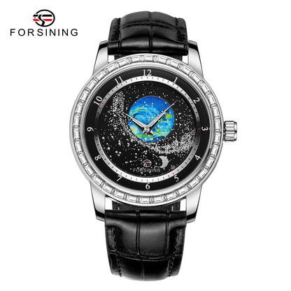 2026 FORSINING Design Earth Star Moon Set With Diamonds Genuine Belt Men Mechanical Automatic Watch Waterproof For Business
