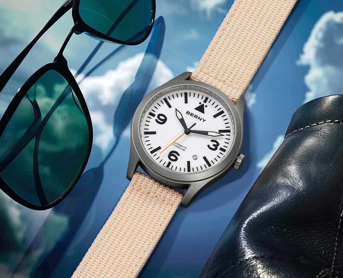 BERNY Aviation Top Titanium Mechanical Men Watch Sapphire AR Coating Supper Luminous 10Bar Sport Watch Titanium Aviation Watches
