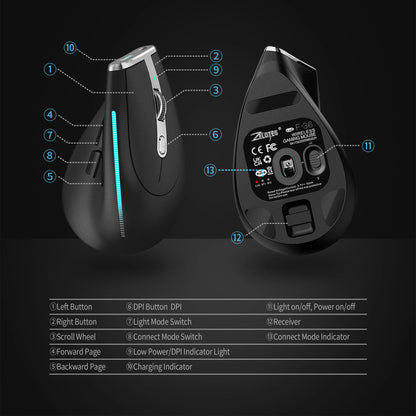 ZELOTES F36 Vertical Wireless Mouse Bluetooth Ergonomic Mice Rechargeable Programmable Gaming Mouse 2.4G 2400DPI for Laptop PC