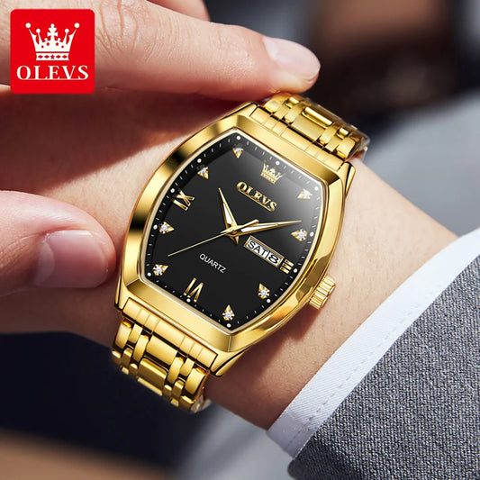 Reloj para hombre OLEVS, modelo de lujo con forma de barril, reloj de cuarzo de una marca de prestigio, resistente al agua, con indicador de día y fecha, y agujas luminiscentes.