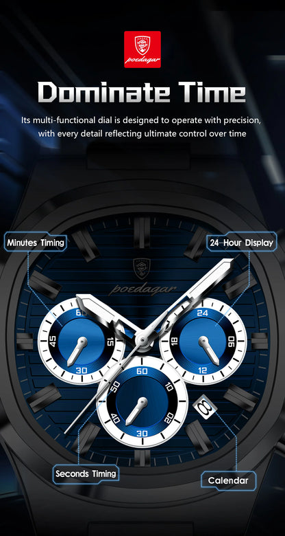 POEDAGAR Business Man Wristwatch Date Chronograph Waterproof Luminous Luxury Men Watch Stainless Steel Quartz Men's Watches Male