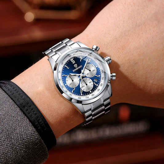 Montre à quartz BINBOND pour homme, élégante, robuste et précise, avec date automatique, chronographe, lumineuse et étanche. Style décontracté.