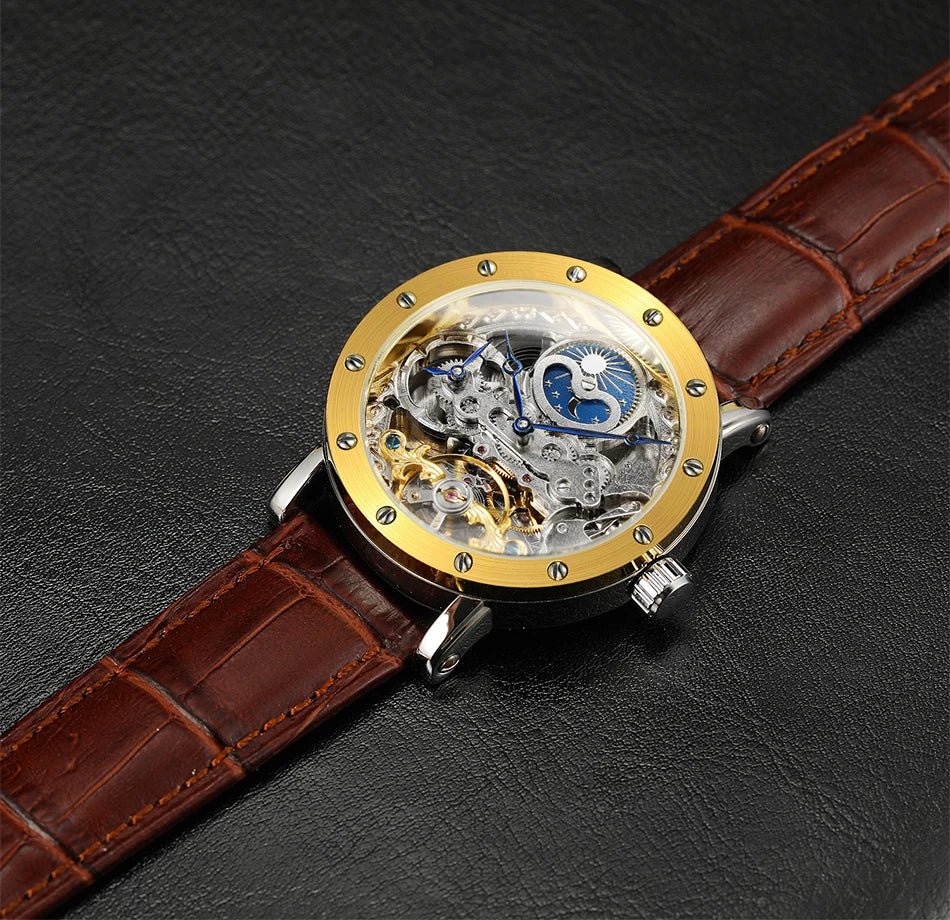 Montre-bracelet mécanique automatique SKROX pour homme, modèle squelette avec fonction GMT, phase de lune et tourbillon – Montre de luxe haut de gamme, élégante et originale.