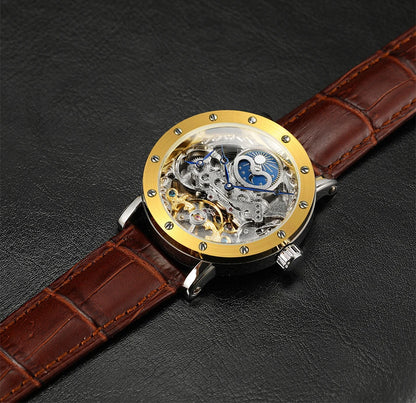 Montre-bracelet mécanique automatique SKROX pour homme, modèle squelette avec fonction GMT, phase de lune et tourbillon – Montre de luxe haut de gamme, élégante et originale.