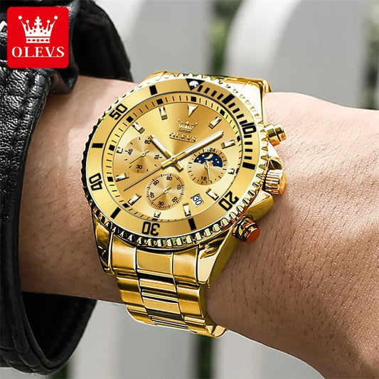 Montre OLEVS pour homme, marque de luxe, montre militaire à quartz dorée, étanche, date lumineuse, boîtier en acier inoxydable.