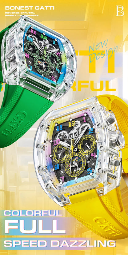 BONEST GATTI Automatic Watch Tonneau Mechanical Wristwatch K9 Crystal Case Rubber Strap Multi Dial Watches For Men