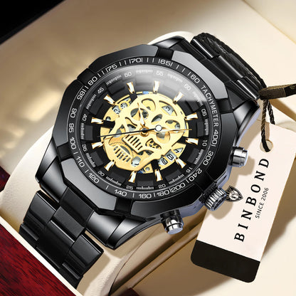 Montre-bracelet BINBOND pour homme, motif crâne squelette, à quartz précis, luxueuse, lumineuse, étanche, avec date automatique, robuste.