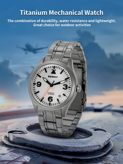 BERNY Aviation Top Titanium Mechanical Men Watch Sapphire AR Coating Supper Luminous 10Bar Sport Watch Titanium Aviation Watches