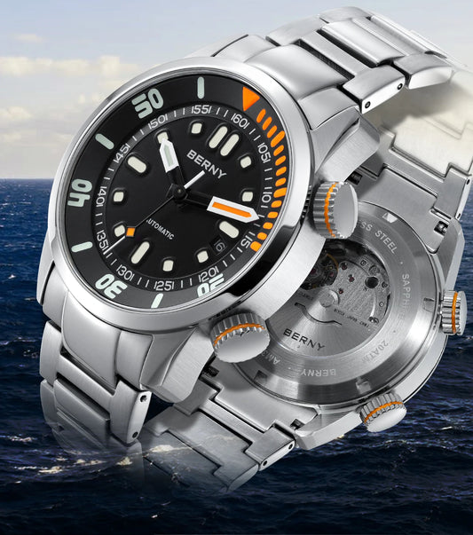 BERNY Orologio subacqueo automatico da uomo Super Luminous 20ATM Orologio da polso subacqueo Originale con vetro zaffiro di alta qualità Orologio meccanico sportivo da nuoto per uomo