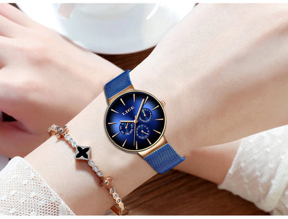 Reloj de mujer LIGE, elegante y a la última: estilo deportivo e informal, correa de malla, mecanismo de cuarzo, indicador de fecha y día, resistente al agua.