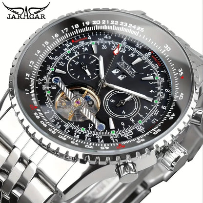 Montre mécanique automatique rétro de luxe JARAGAR 034, tourbillon, squelette creux, acier inoxydable, calendrier de la semaine, montre pour homme