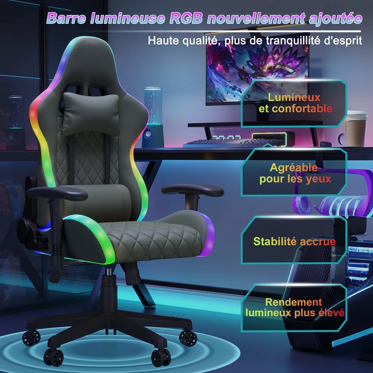 Ergonomic Gaming Chair with Massage Function, RGB LED, 90-135 Degree Recline,Up to 130kg,Office Chair, Premium Leather,Black