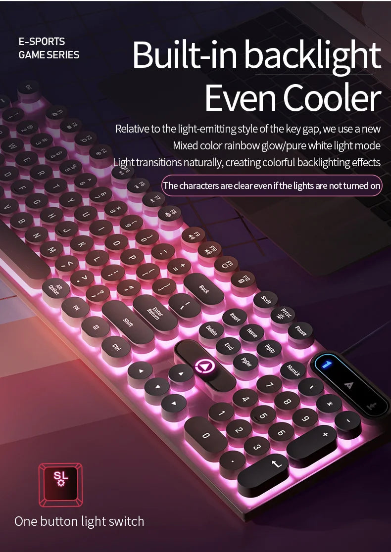 Typewriter Round 104 Keys Gaming Keyboard Wired Keyboard Color Matching Backlit Computer E-sports Peripherals for Desktop Laptop